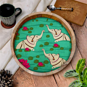 Bandeja de servicio impresa de madera con diseño de elefante con cortes de mango bandeja de servicio de aspecto brillante de esmalte redondo - Product Image 2