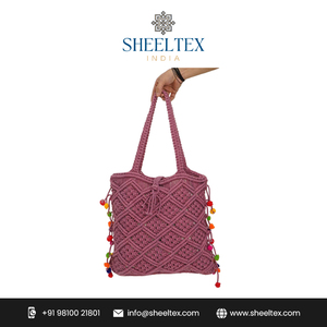 Bolso de mano de macramé de algodón hecho a mano a la moda para bolso de playa rosa forro de lona lindo patrón de cubo estilo de verano precio de mercado - Product Image 2