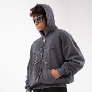 สเวตเชิ้ตมีฮู้ดของผู้ชายผ้าฝ้าย100% ดีไซน์ดาวขนาดใหญ่แบบมีซิปหน้าสีเทาสไตล์สตรีทแวร์ - Product Image 4