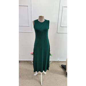 Women's Sleeveless Crew Neck Long <b>Viscose</b> <b>Dress</b> with Front Ribbing, 35907 - Green - Product Image 4
