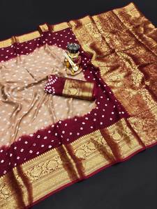 Belle tenue occasionnelle haute sur demande Pure Bandhej Silk Saree Blouse avec Kanchipuram Zari Weaving Work Fournisseur de l'Inde - Product Image 2