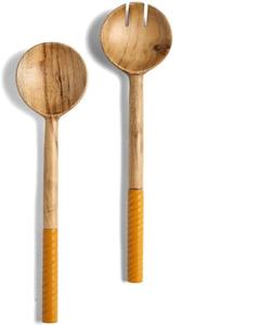 American style <b>Black</b> Resin handle acacia wooden 2pc <b>set</b> utensils for serving salad <b>cutlery</b> spoon and fork salad server - Product Image 2