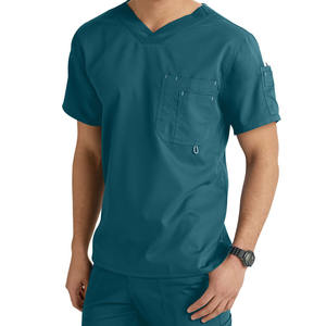 Algodón Poliéster Nuevos hombres Scrub Set Estilo Tops Hospital Uniforme médico Conjuntos Cuello en V Color blanco sólido Enfermería Scrubs Uniformes - Product Image 1
