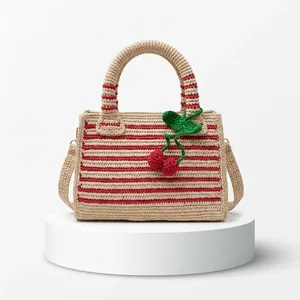 Bolso de Hombro de Rafia para Mujer, Estilo Bohemio a Rayas, con Flores, para Uso Diario de Verano, con Dos Asas y Cierre de Cremallera - Product Image 2