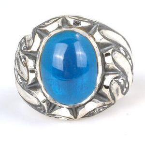 Anillo de Plata de Ley 925 para Hombre, Diseño de Pluma Hecho a Mano con Bisel de Piedra de Ámbar Azul Oscuro Comprimido, Joyería de Regalo - Product Image 4