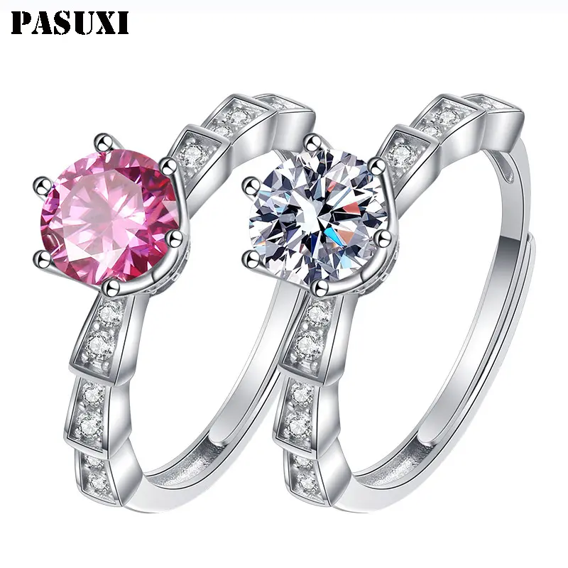 PASUXI 새로운 패션 모이사나이트 다이아몬드 반지 상자 고급 보석 반지 여성용 지르콘 빛나는 결혼 반지