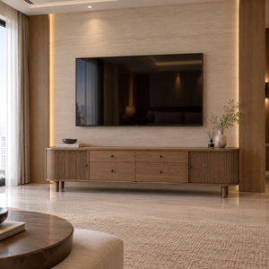 Mueble de TV Moderno de Madera Maciza con Puertas y Cajones Acanalados, Consola Media Larga y Baja para Sala de Estar, Muebles para el Hogar - Product Image 5