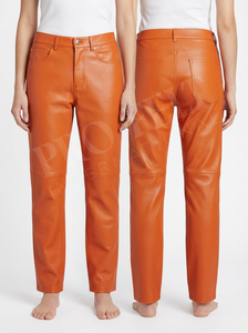 Customized Logo Design Leather <b>Trousers</b> Unisex Mid Rise <b>Straight</b> <b>Leg</b> Five Pocket Belt Loop Fly Button Style Leather Pants Women - Product Image 4