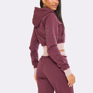 Women Winter Solid Casual <b>Cropped</b> Zip up <b>Jogger</b> Set High Quality 100% Cotton Eco-Friendly Breathable - Product Image 2