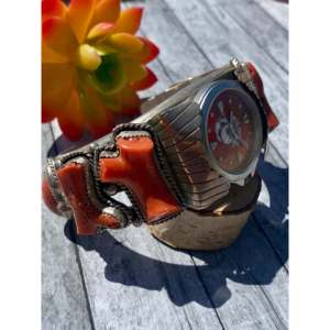 Vintage Southwest Style Natural <b>Red</b> Coral & Sterling Silver Cuff Watch <b>Bracelet</b> Fashionable Cuff <b>Bracelets</b> - Product Image 3