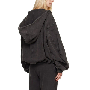 Sweat à capuche ample personnalisé avec fermeture éclair, épaules tombantes, coupe courte, manches longues bouffantes, effet délavé vintage, grande capuche, patchwork, pour femme - Product Image 4