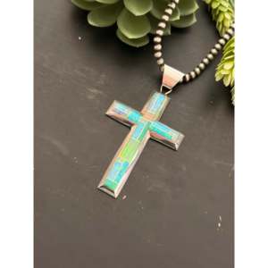 Pendentif Jerry Platero en opale (synthétique) et argent sterling avec incrustation de croix - Symbole religieux chrétien - Product Image 2