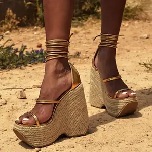 Sandalias de cuña de moda con punta abierta, tacón alto, plataforma, estilo jelly, con cordones, plantilla de cuero genuino suave y transpirable para primavera y verano - Product Image 4