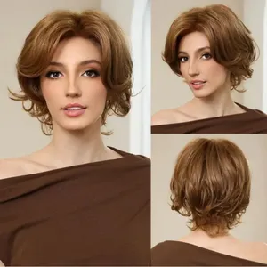 Faye-DWY <b>Short</b> Curly Brown Glueless Synthetic <b>Wig</b> Free Part Lace with Light Brown Color - Product Image 1
