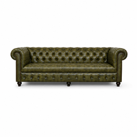 Sofá Chesterfield de Cuero Genuino Verde Militar, Tradicional, Hecho a Mano, de Tres Plazas, Patas de Madera, Personalizable, OEM/ODM, Sofá de Lujo con Mechones