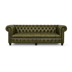 Sofá Chesterfield de Cuero Genuino Verde Militar, Estilo Moderno de Mediados de Siglo, Hecho a Mano, Tres Plazas, Patas de Madera, Personalizable, OEM/ODM, Sofá de Lujo - Product Image 2
