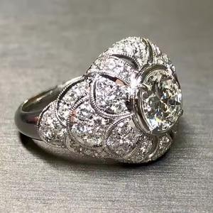 14K oro blanco Deco antiguo europeo festoneado cóctel anillo 2CT Lab Grown Diamond Dome compromiso corte bisel ajuste para boda - Product Image 3