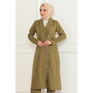 Conjunto de 2 Piezas con Cierre, Color Caqui MSW19219-4, Estilo Casual, Talla XS/XS, Top Largo por Encima de la Rodilla y Pantalones Cortos Midi con Detalle de Botones - Product Image 2