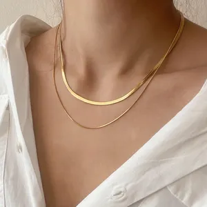 Minimalistischer Schmuck Mutter Edelstahl doppelschichtete Herringbone-Halsband Damen 18k Gold plattiert Schlangenkette-Halsband