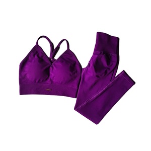 Conjunto de Fitness ajustado de cintura alta sin costuras para mujer, sujetador con cuello en V, mallas transpirables de nailon 100%, masaje de hierro frontal, ejercicio de secado rápido - Product Image 1