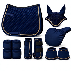 Navy Blue Cotton Horse Saddle Pad Set with Bell <b>Boots</b> Brushing <b>Boots</b> Saddle <b>Cover</b> & Polo Bandages Jumping Style Quilted - Product Image 1