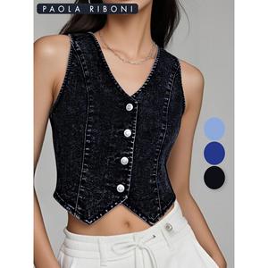 Paola Riboni <b>Women</b> Washed Woven <b>Denim</b> Vest Crop Top V Neck Button Front Short Sleeveless <b>Waistcoat</b> <b>for</b> Spring Summer - Product Image 1