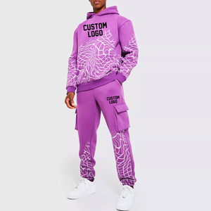 Conjunto Deportivo Informal de Invierno 2025, 100% Poliéster, Felpa, Estampado Completo, Pantalones Cargo y Sudadera con Capucha, Transpirable, para Hombre - Product Image 1