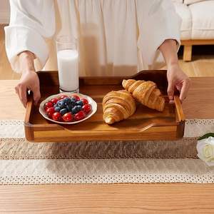 Plateau de service rectangulaire en bois d'acacia avec poignées, grand plateau décoratif pour Ottoman, plateau de service pour aliments et boissons, 16x12 pouces, usage domestique - Product Image 2