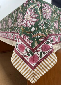 Hunter Green Indian Floral Handmade Block Print Cotton <b>Tablecloth</b> Elegant Dining Table Cover for Farmhouse Home Baby Shower - Product Image 6