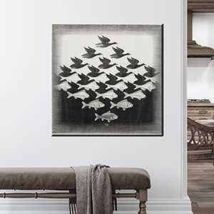 Impresión en lienzo inspirada en Escher de peces y pájaros, arte de ilusión óptica, geometría surrealista, estirado sobre lienzo para galería - Product Image 1