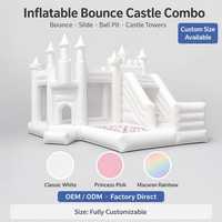 Château gonflable combiné en PVC avec toboggan, piscine à balles et tours pour location événementielle