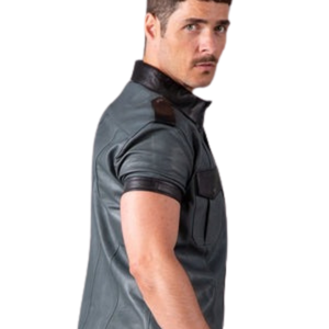 Slim Fit Leather Shirt Grey and Black Mens Faux Leather <b>Short</b> <b>Sleeve</b> Fetish Clubwear Top - Product Image 1