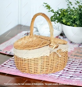 Rattan Picnic <b>Basket</b> Hamper Shopping Vintage <b>Basket</b> <b>with</b> <b>Lid</b> and Handle Camping for Shopping - Product Image 2