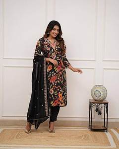 Seda rusa pura fantasía Floral impreso cuello en V hermoso Color brillante tradicional Salwar Kameez para diario y fiesta de oficina especial - Product Image 5