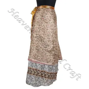 Yeni çift katmanlı sihirli Desi Sari ipek saran etek kadın Vintage ipek Sari uzun uzunluk giymek bele sarılan etek 2 katmanlı saree boho