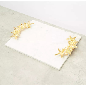 Plateau de service vintage en marbre blanc avec poignées élégantes en laiton doré étoile de mer, plateau décoratif moderne pour décoration de cuisine de mariage - Product Image 1