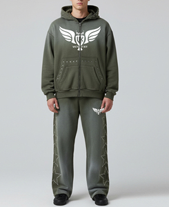 Custom Rhinestone <b>Men's</b> Oversized <b>Fit</b> Acid Wash Baggy Straight Leg Pants Hoodie Tracksuit Vintage <b>Jogger</b> Set - Product Image 3