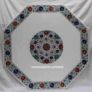 Dessus de table en marbre blanc Pietra Dura de qualité supérieure avec incrustation de fleurs pour décor de table à manger disponible sur des tables en marbre personnalisées - Product Image 1