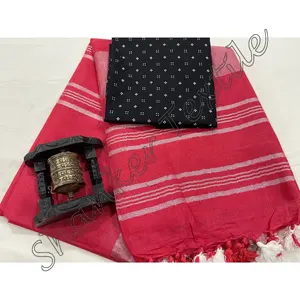 Party Wear Linen Saree With Designer Cotton Blouse Material Bollywood Indian Sari With Cotton Blouse Wholesaler Saree