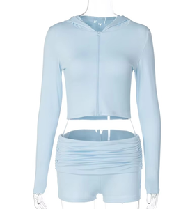 Long Sleeve Hoodies 2 Piece Sets Women Winter Casual Bodycon Pleated Shorts Suits 2025 New Solid Sport <b>Cardigan</b> Top Set - Product Image 1