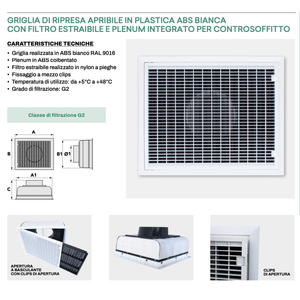 Rejilla de entrada de aire de plástico ABS blanca abrible Tecnosystemi con filtro extraíble y pleno integrado para techos falsos y rejillas de ventilación - Product Image 2
