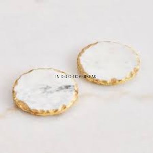 Set Of 2 Top Quality White Color Marble Made Attractive Look Gold Plated Edges Designer Coasters Table Centerpiece Accessories - Product Image 1