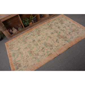 Alfombra de lana turca Vintage de 3,9x6,7 pies, tejido plano de retazos Beige y verde para decoración de sala de estar, respaldo de látex - Product Image 5