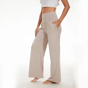 Pantalones de Pierna Ancha de Cintura Alta para Mujer, Color Sólido, Corte Holgado, Cintura Elástica, Pantalones Casuales de Verano de Punto de Algodón y Elastano con Bolsillos - Product Image 5