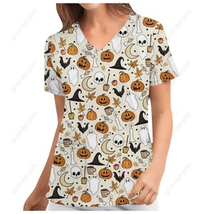 Top d'infirmière à manches courtes et col en V pour femmes Halloween Mode féminine décontractée Impression Top Protective Work Suit Medical Working Uniform - Product Image 6