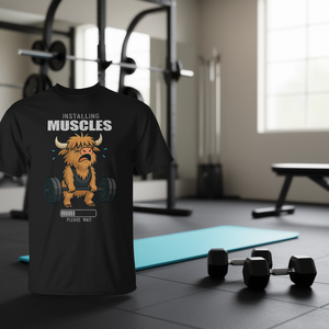 T-shirt da palestra con simpatica mucca delle Highland per allenamento, abbigliamento promozionale di alta qualità per il sollevamento pesi - Product Image 3