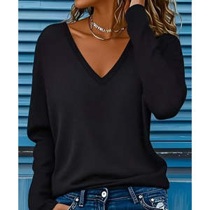 Blusa de viscosa de dos hilos con cuello en V y manga larga para mujer, 29975 - Negra - Product Image 4