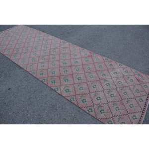 Alfombra turca Vintage grande de 3,5x11,4 pies, patrón abstracto de lana verde rosa, respaldo de látex para pasillo, modelo de habitación, alfombra rectangular - Product Image 2