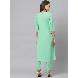 Ensemble Kurta Droit Brodé en Coton pour Femme avec Pantalon Vert Marine 46 Pouces 38 Pouces - Product Image 2