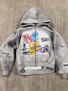 Bloque de color personalizado de gran tamaño doble capucha cráneo pulóver esqueleto parche bordado desgastado ácido lavado Sudadera con capucha para hombres - Product Image 2